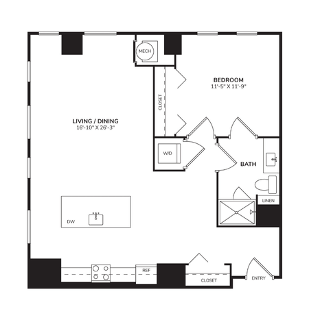 Floor plan for 1 bed, 1 bath, 916 sqft